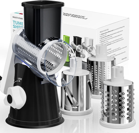 5-in-1 Rotary Cheese Grater Hand Crank, Vegetable Slicer Shredder with 5 Interchangeable Blades, Graters for Kitchen, Safe Kitchen Tool for Cheese, Nuts, Blue