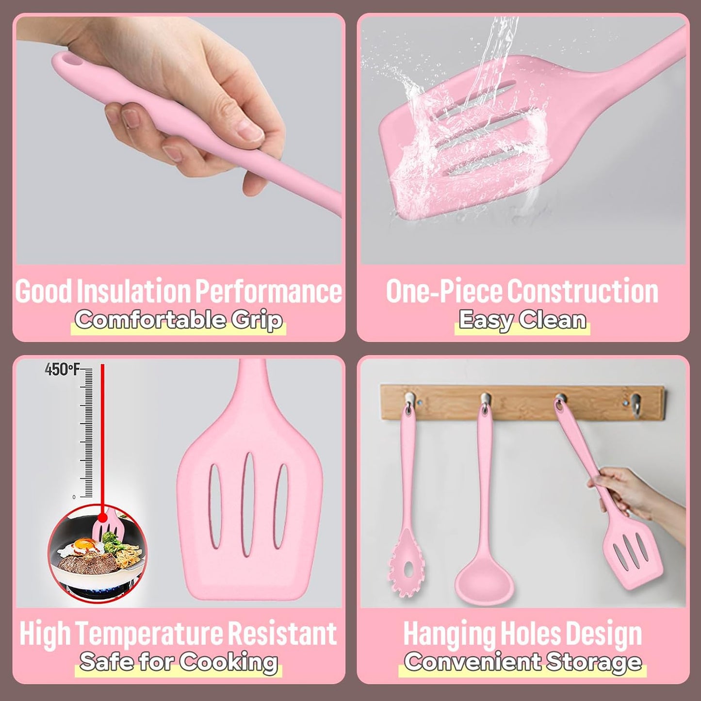E-far Silicone Cooking Utensils Set, 7-Piece Black Heat Resistant Kitchen Utensils Set, Kitchen Nonstick Tools Spatula Ladle Spoon Pasta Server for Non-stick Cookware, Non-Toxic & Dishwasher safe