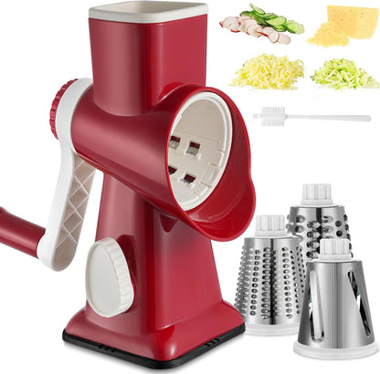 Cheese Grater Hand Crank Rotary Vegetables Shredder with Handle, 3-in-1 Graters with Interchangeable Blades and Non-slip Base Multifunctional Slicer for Kitchen