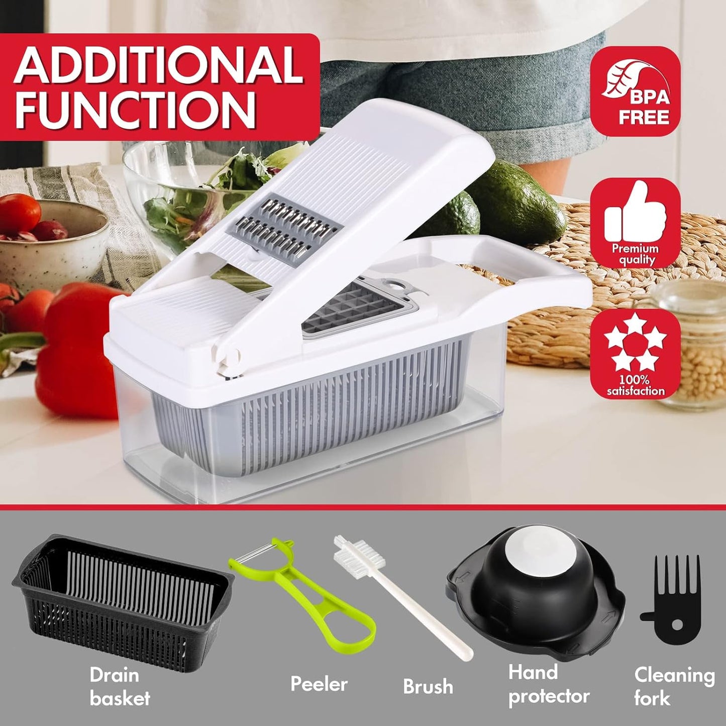 Ourokhome Vegetable Chopper Onion Cutter, 14 in 1 Professional Mandolin Slicer for Kitchen, Multifunctional Food Chopper for Potato, Tomato, Veggie with Strainer Basket, 10 Blades, Gray