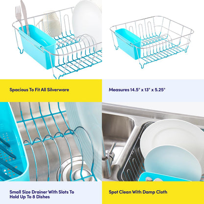 Dish Drying Rack & Cutlery Holder 2 Piece Set - Compact Sink-Fitting Dish Drainer with Rubberized Undercoating, Space-Saving Kitchen Organizer for Plates, Cups, Bowls & Utensils in Sink, Silver