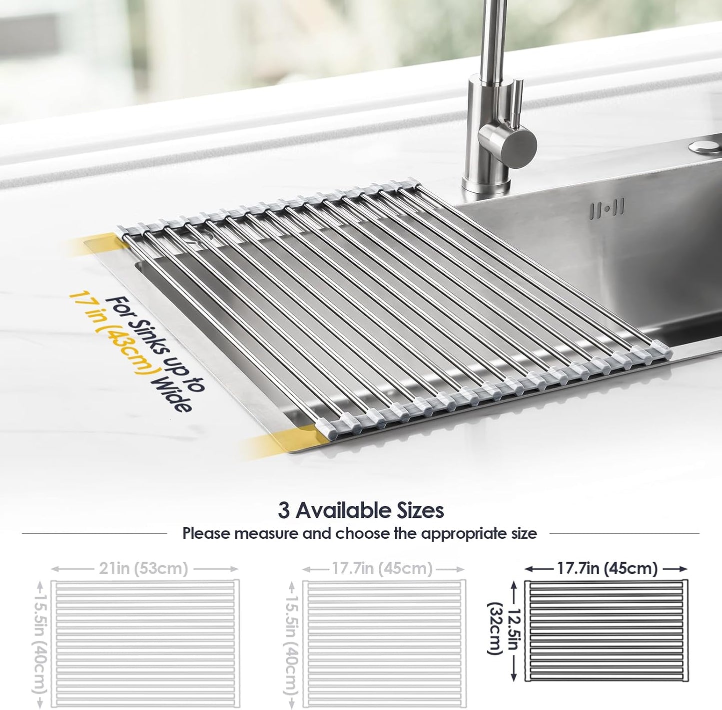 Tomorotec 17.7" x 15.5" Roll Up Dish Drying Rack Over Sink Drying Rack Sink Cover Kitchen Sink Accessories Gadget Multipurpose Organizer Foldable Stainless Steel Drainer