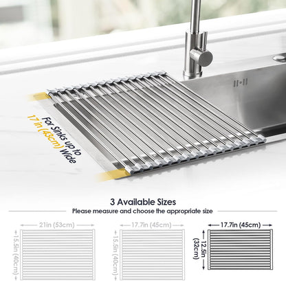 Tomorotec 17.7" x 15.5" Roll Up Dish Drying Rack Over Sink Drying Rack Sink Cover Kitchen Sink Accessories Gadget Multipurpose Organizer Foldable Stainless Steel Drainer