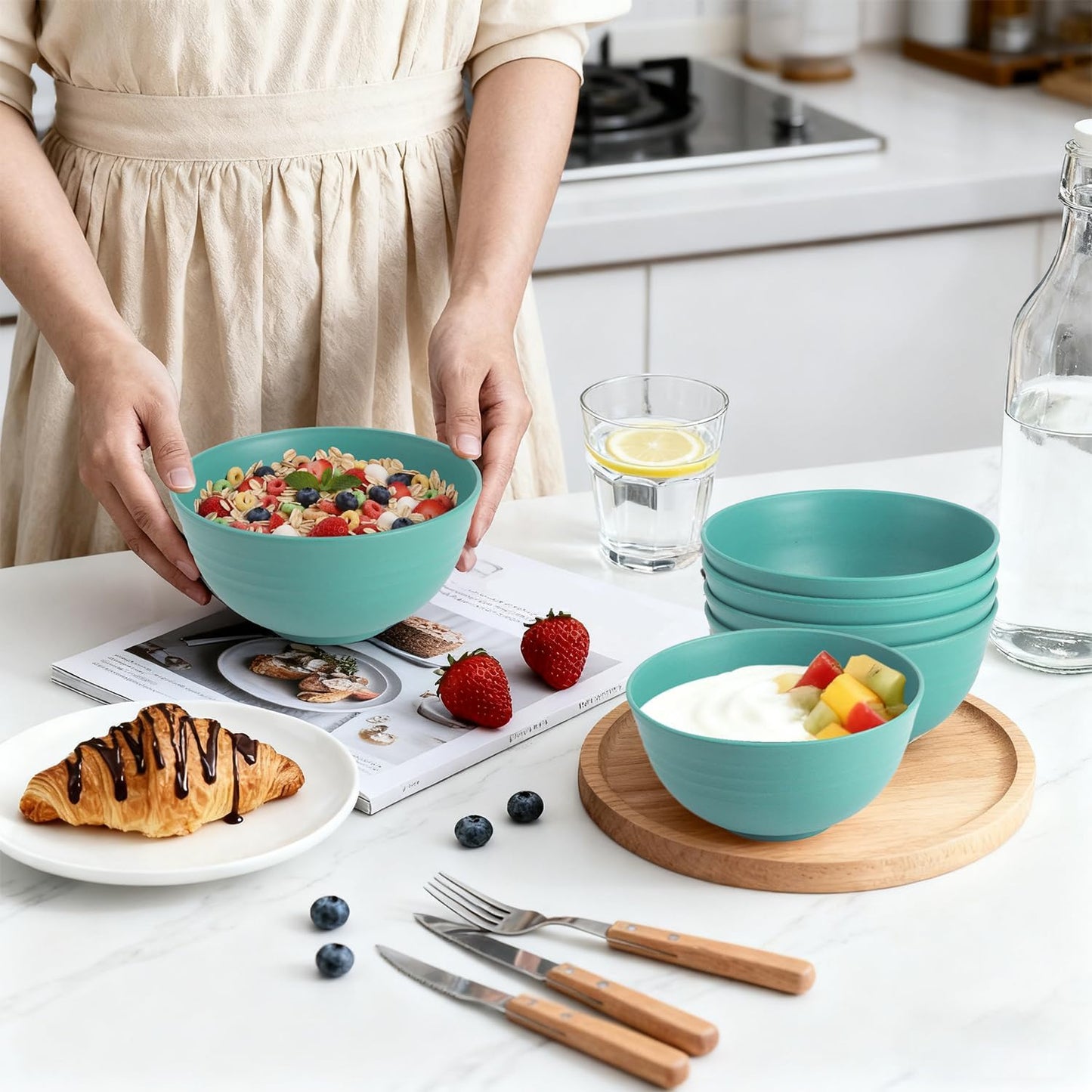 Wheat Straw Bowls Set with Lids, Unbreakable 40 OZ Cereal Bowls Set of 4, Salad Container for Lunch, Microwave & Dishwasher Safe Bowl Set for Kitchen, Picnic, RV, Camping, Multi