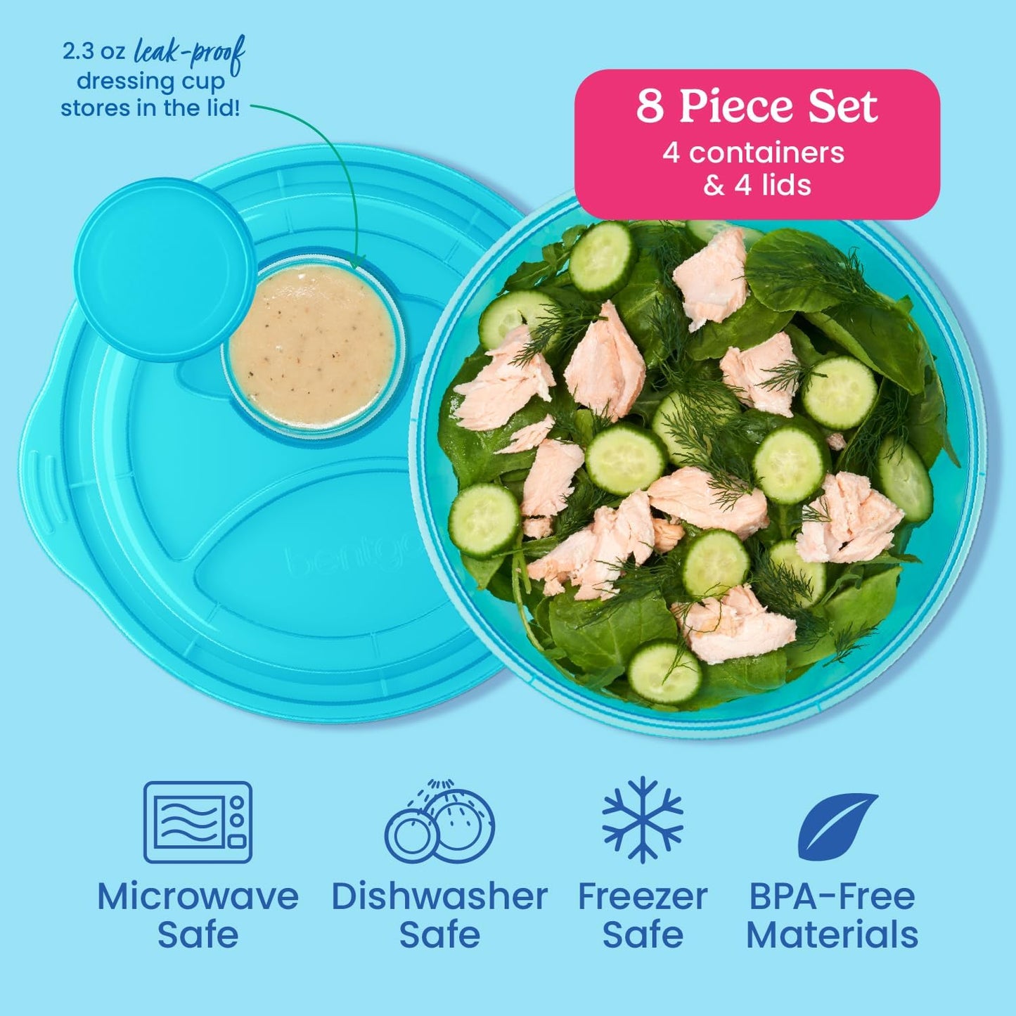 Bentgo Easyboxes Salad-to-Go Containers - 8-Piece Set: 4 Bowls, Leak-Proof Dressing Cups Built-In & 4 Fitted Lids Seal in Freshness; Reusable/BPA-Free for Salad, Pasta, & Cereal (Classic)