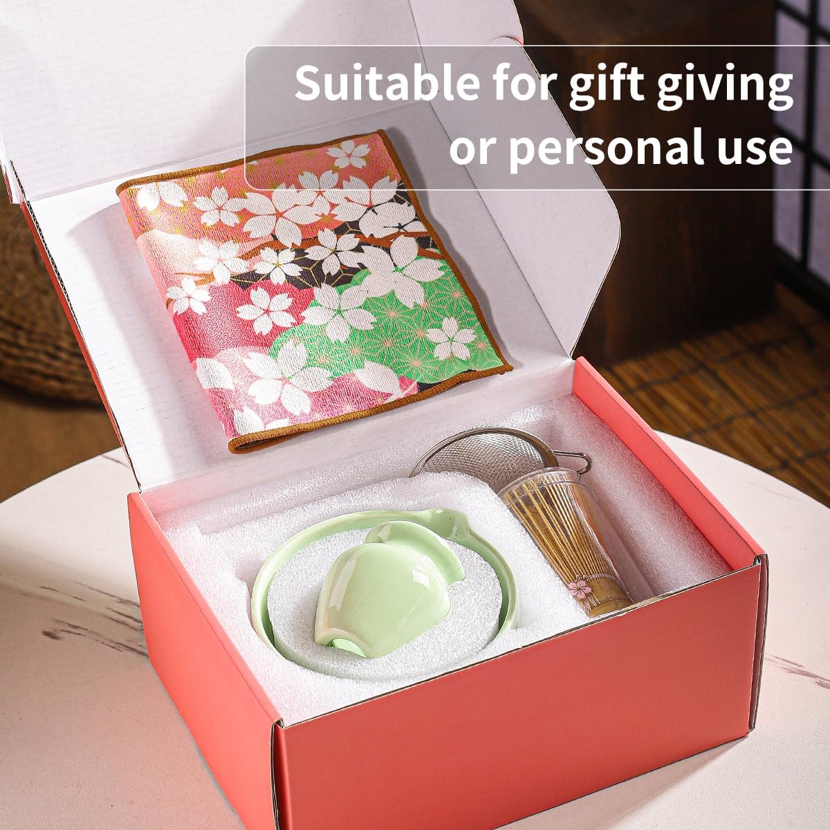 8-Piece Matcha Ceremony Set - Tea Kit with Cherry Blossom Bowl, Bamboo Whisk, Wood Scoops, Tea Cloth & Floral Display - Gift-Ready Pink Cherry color box (blue)