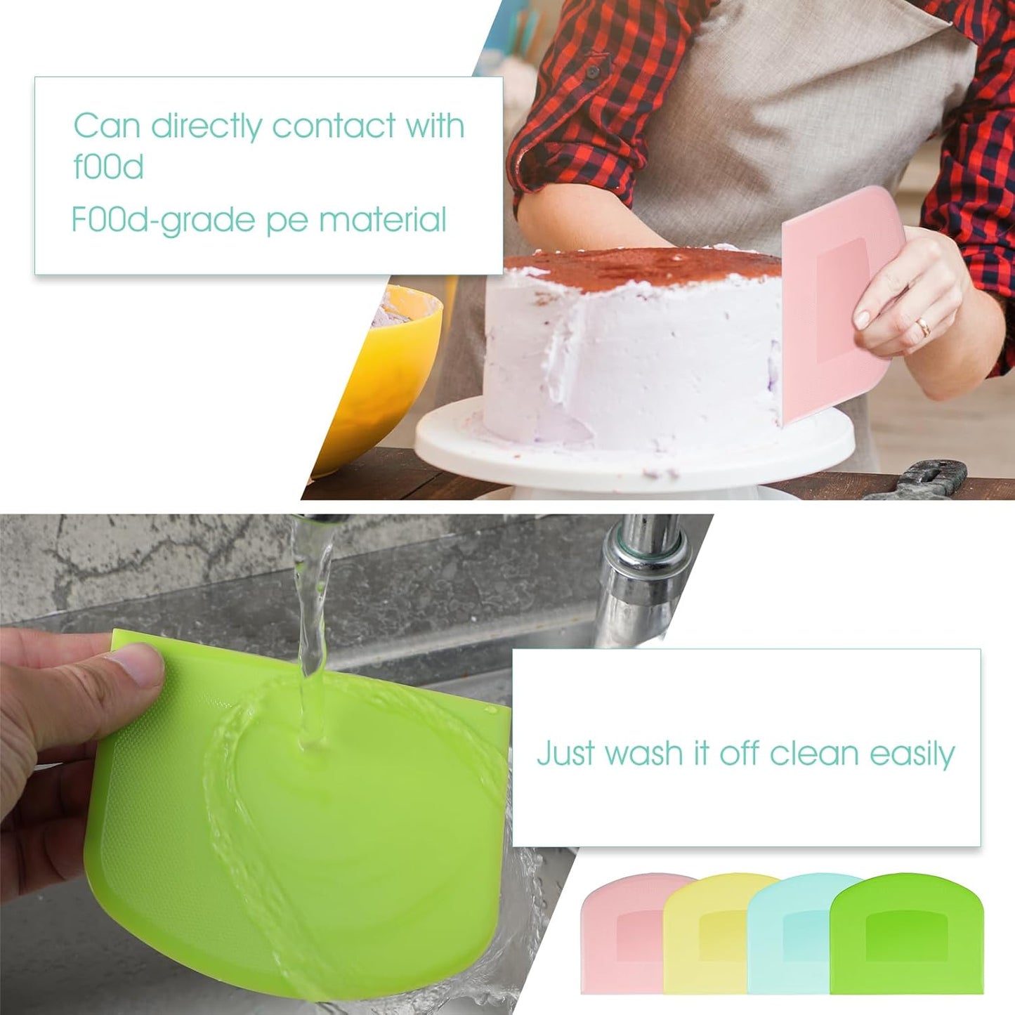 24 Pcs Bench Scraper Dough Scraper for Baking, BPA Free PE Flexible Bowl Scrapers, Food-Safe Plastic Dough Cutter Tool for Bread Cake Fondant Icing (Light Blue, Green, Yellow, Pink)