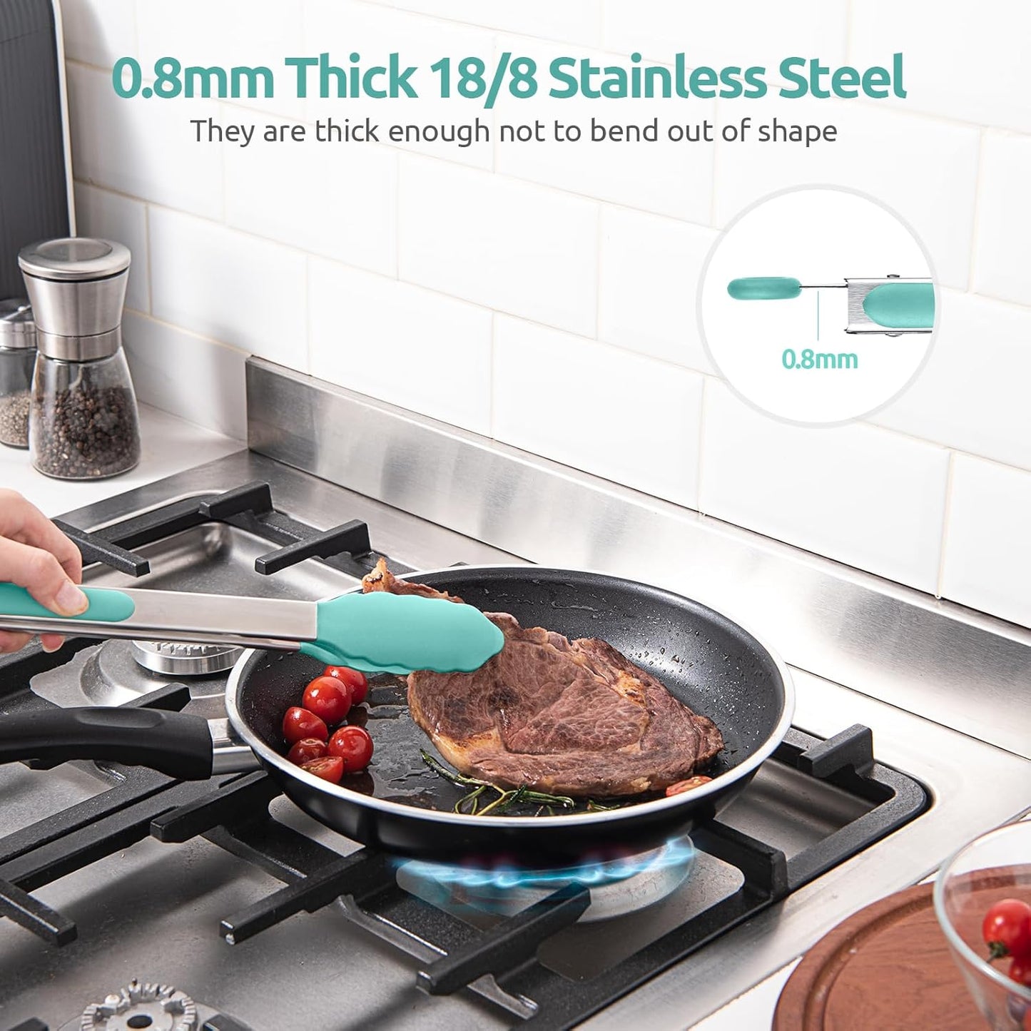 600ºF Heat Resistant Kitchen Tongs: U-Taste 9 inch Silicone Cooking Tong with Firm Sealed Non Stick Rubber Tips & Silicon Coated 18/8 Stainless Steel Handle & Smooth Locking for Serving Salad (Black)