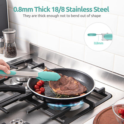 600ºF Heat Resistant Kitchen Tongs: U-Taste 9 inch Silicone Cooking Tong with Firm Sealed Non Stick Rubber Tips & Silicon Coated 18/8 Stainless Steel Handle & Smooth Locking for Serving Salad (Black)