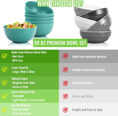 Wheat Straw Bowls Set with Lids, Unbreakable 40 OZ Cereal Bowls Set of 4, Salad Container for Lunch, Microwave & Dishwasher Safe Bowl Set for Kitchen, Picnic, RV, Camping, Multi