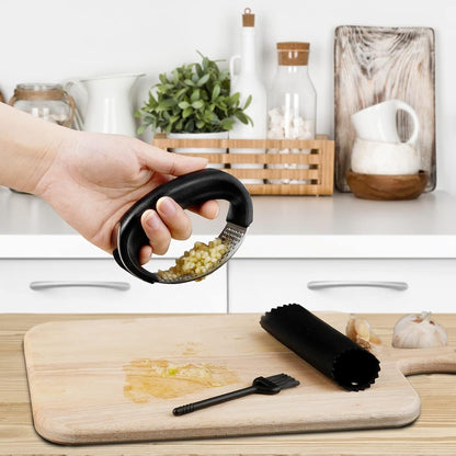 Garlic Press Rocker - Rust Proof & Dishwasher Safe Garlic Mincer, Stainless Steel Garlics Crusher Chopper Set with Peeler Brush, Easy to Clean and Squeeze, Masher for Garlics, Ginger, Spices