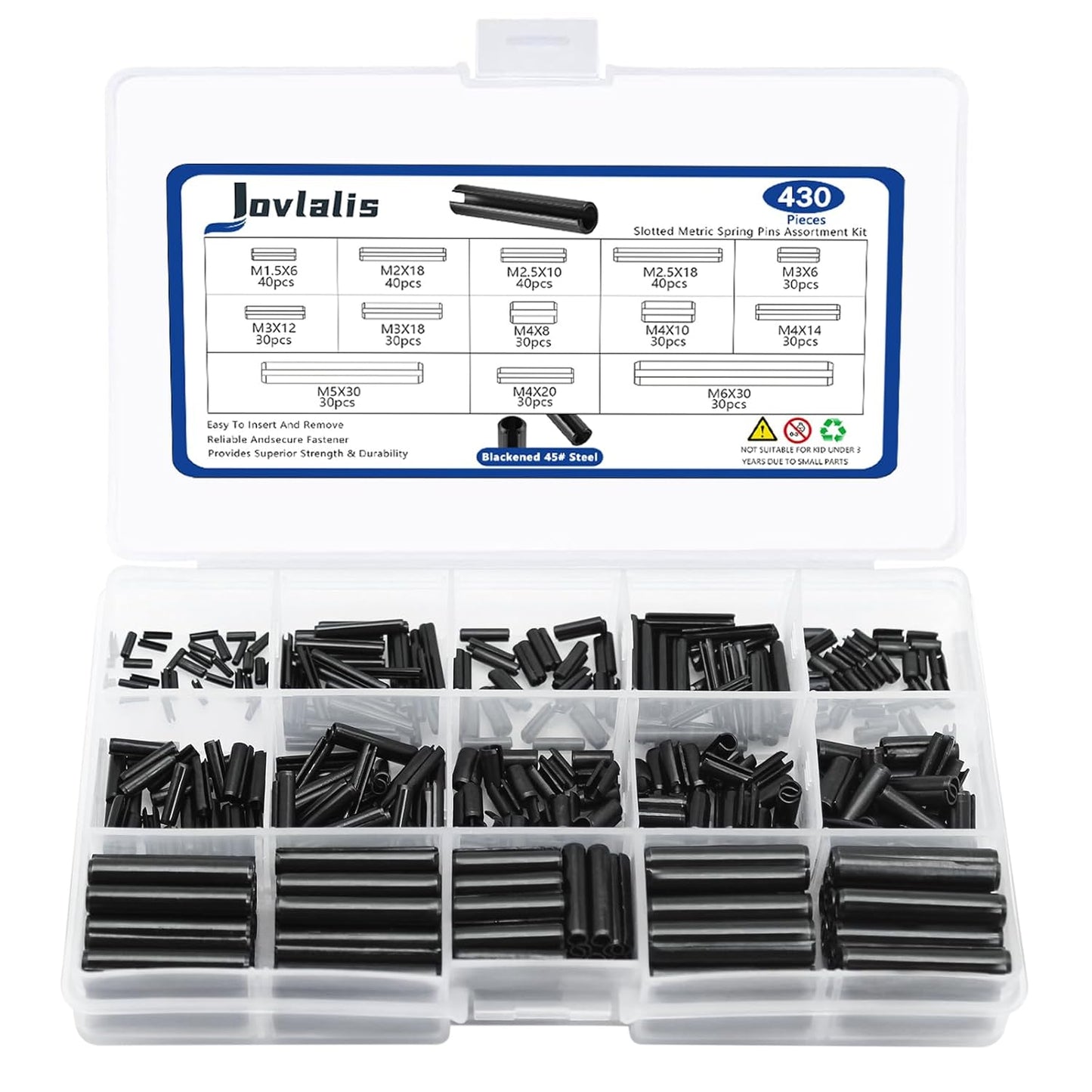 370 Pcs Roll pin Assortment, SAE Roll Pin Set, Slotted Spring Pins, Steel Split Expansion Pin, Black Roll Pins, 1/16 5/64 3/32 1/8 5/32 3/16 7/32 1/4 5/16 3/8 Inch Spring Dowel