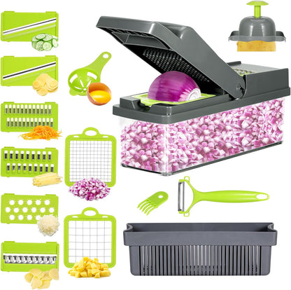 Vegetable Chopper with Container and Lid Multifunctional 14 in 1, Professional Veggie Chopper, Non Slip Durable Kitchen Chopper Vegetable Cutter, Mandoline Food Chopper With 8 Blades