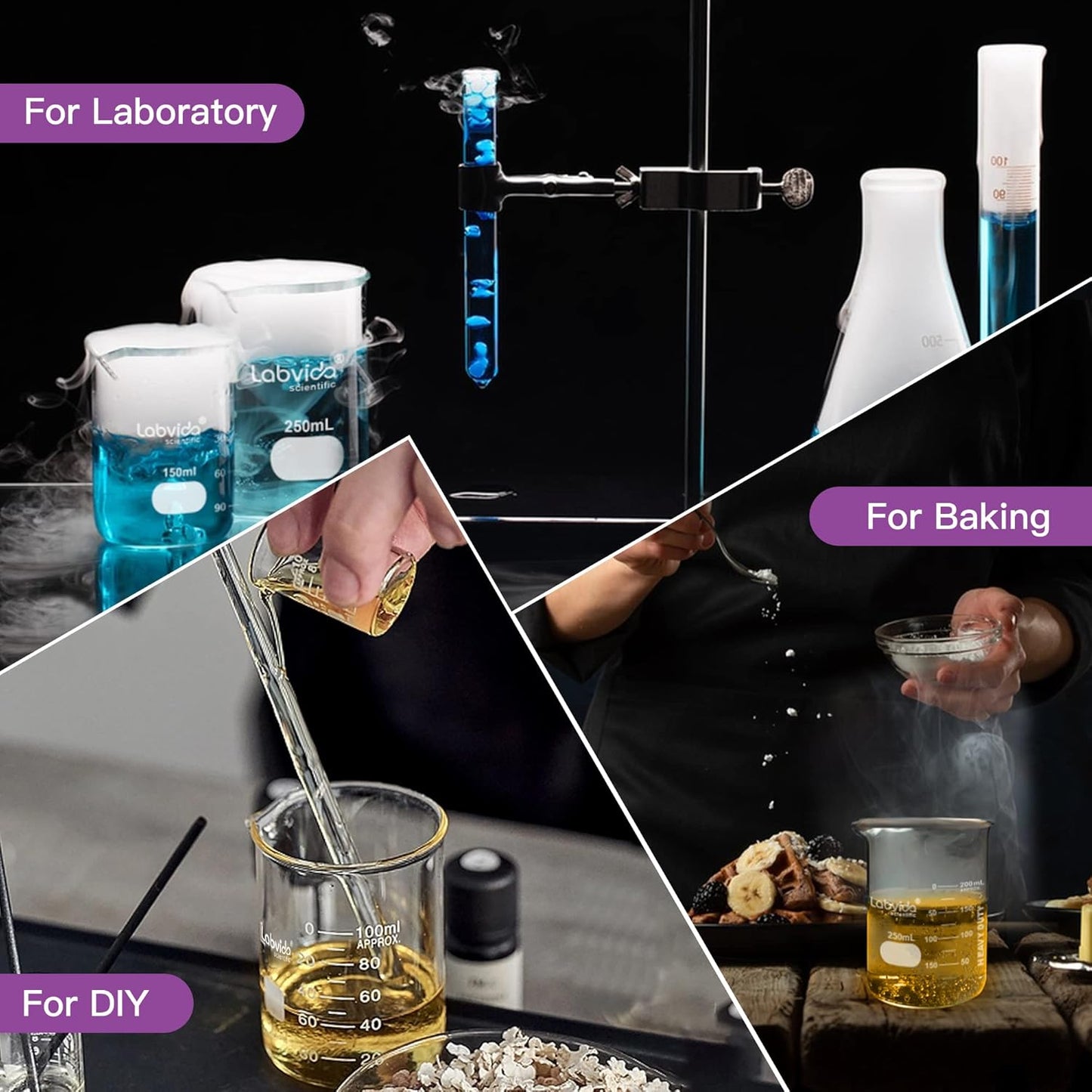 Upgrated 6 Size Low Form Glass Beaker Set, 25ml 50ml 100ml 250ml 500ml 1000ml, 3.3 Boro Glass beakers with Printed Graduation, LVA019