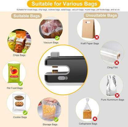 3 in 1 Mini Bag Sealer, USB C Rechargeable Chip Bag Sealer Heat Seal, Bag Sealer Heat Seal with Cutter, Portable Bag Resealer for Plastic Bags Snacks & Food Storage,Ink Black