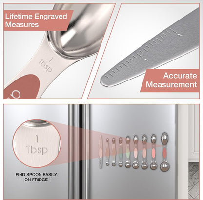 CuttleLab Magnetic Measuring Spoons Set - Stainless Steel, Double Ended, Stackable & Nested Design for Dry and Liquid Ingredients, Ideal for Spice Jars, 9-Piece Set with Leveler (Country Chic)