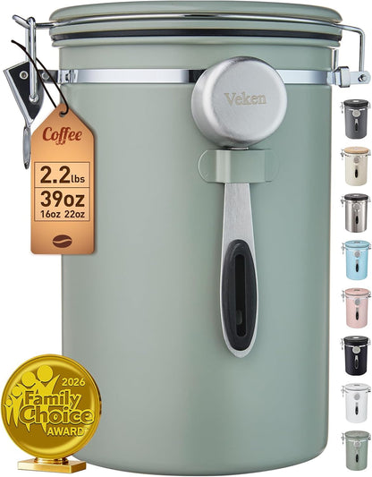 Veken Coffee Canister, Airtight Stainless Steel Kitchen Food Storage Container with Date Tracker and Scoop for Beans, Grounds, Tea, Flour, Cereal, Sugar, Cookie, 16OZ, Cream