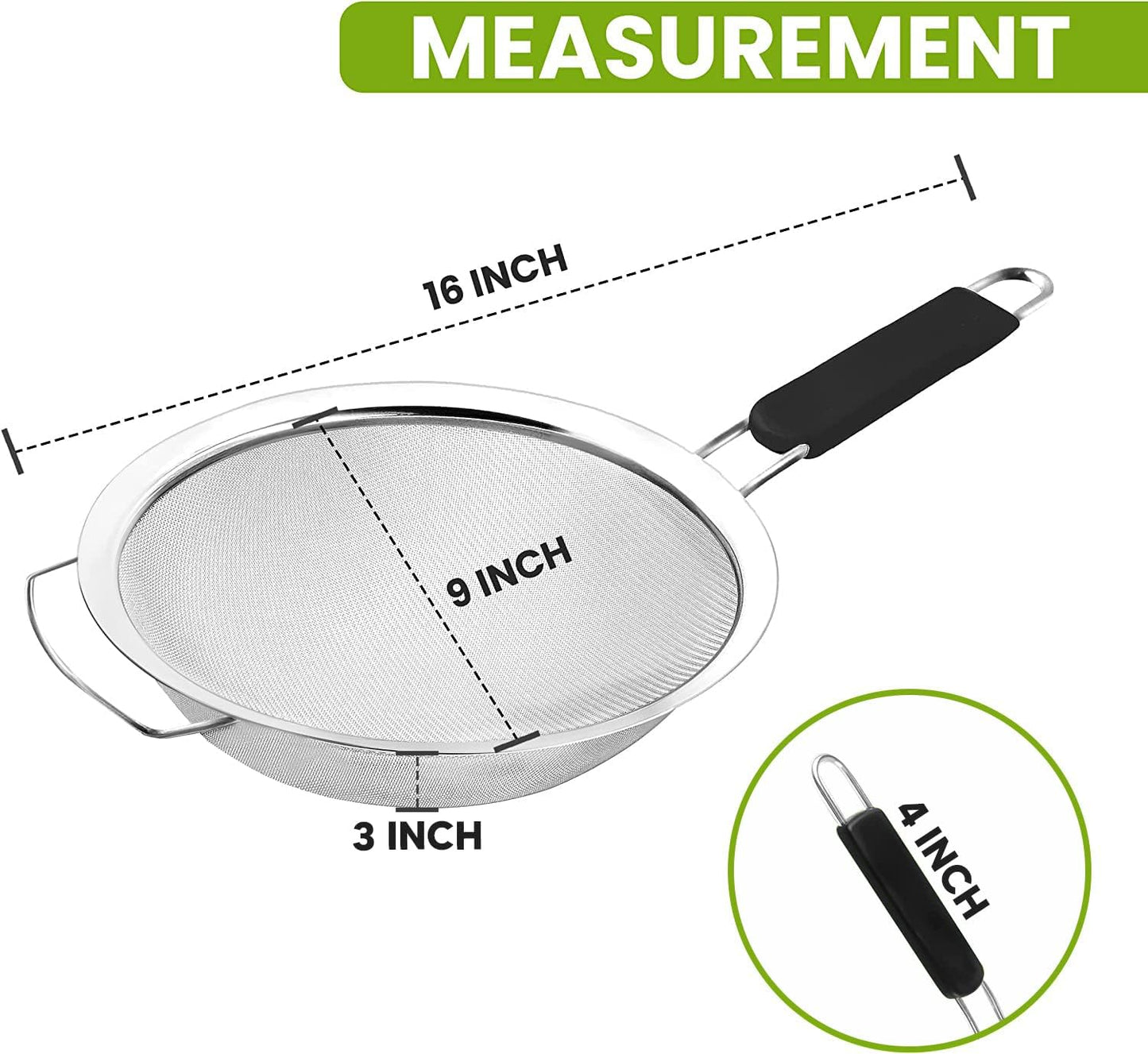 9" Large Fine Mesh Strainer with Thermo Plastic Rubber Handle - Sieve Fine Mesh Stainless Steel - Ideal Kitchen Essential to Strain Pasta, Quinoa and Rice