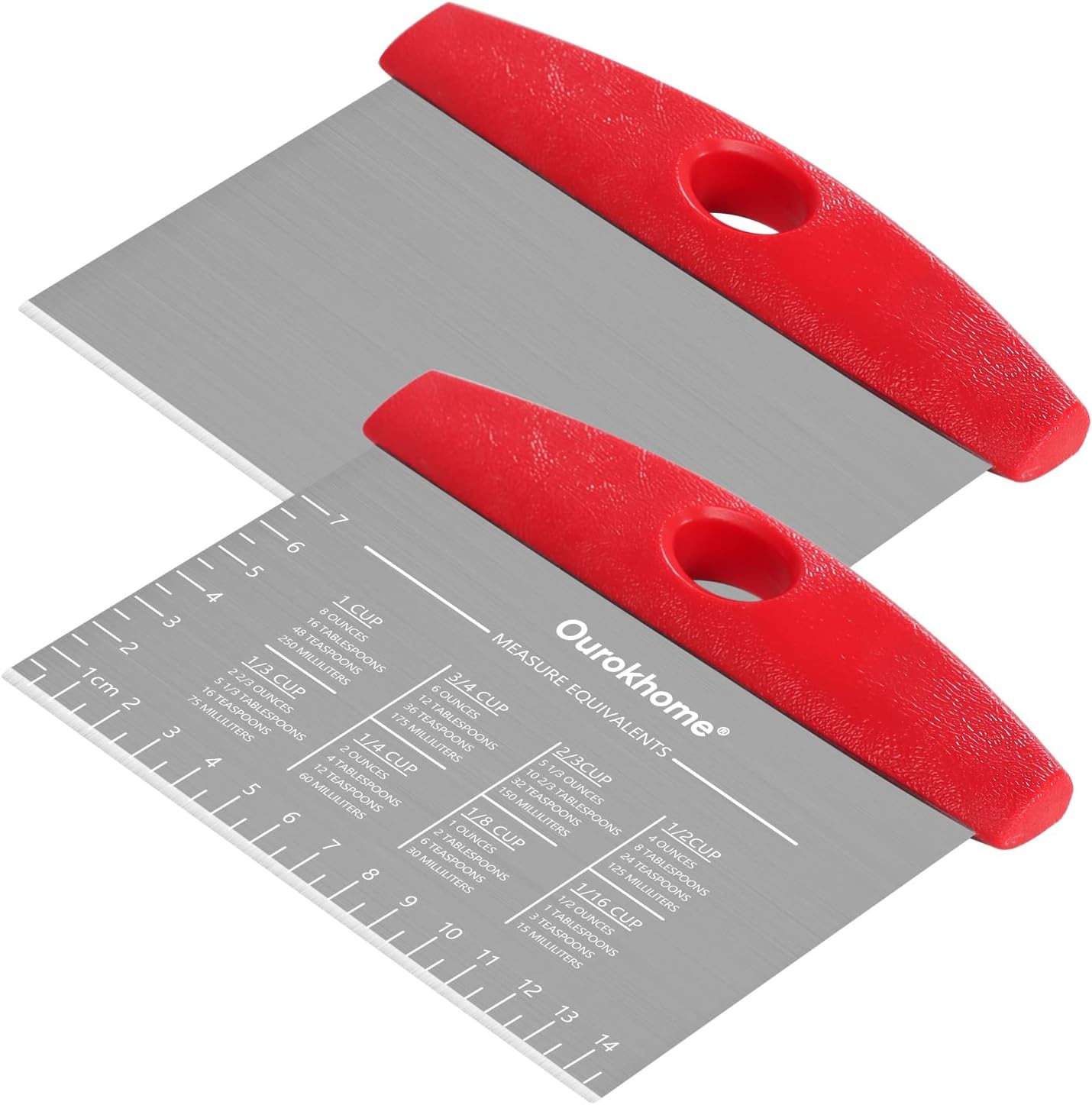 Ourokhome 2 Pack Bench Scraper Dough Cutter, Stainless Steel Dough Scraper with Laser-Etched Scale, Conversion Chart, Non-Slip Handle, Dishwasher Safe for Bread & Pastry, Black