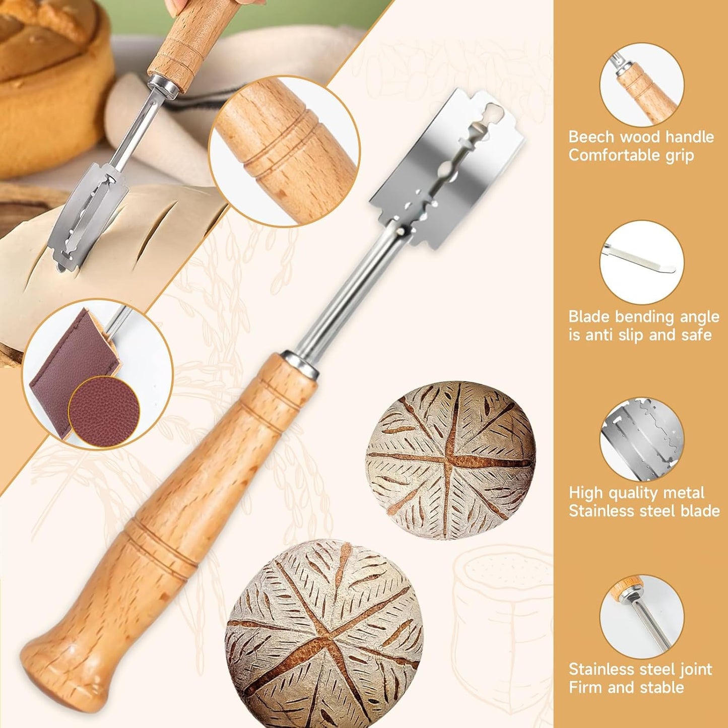 Hand Crafted Bread Lame Premium Sourdough Scoring Tool Bread Making Tools Set of 3 pieces Bread Knife(5 Blades) with Danish Dough Whisk and Dough Scraper Bread Cutter