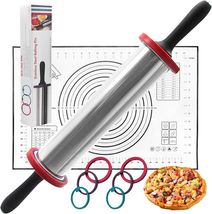 Rolling Pins,Rolling Pin and Silicone Baking Pastry Mat Set,Rolling Pins,Adjustable Stainless Steel Rolling Pin with Thickness Rings for Baking Dough,Pizza,Pie,Pasta