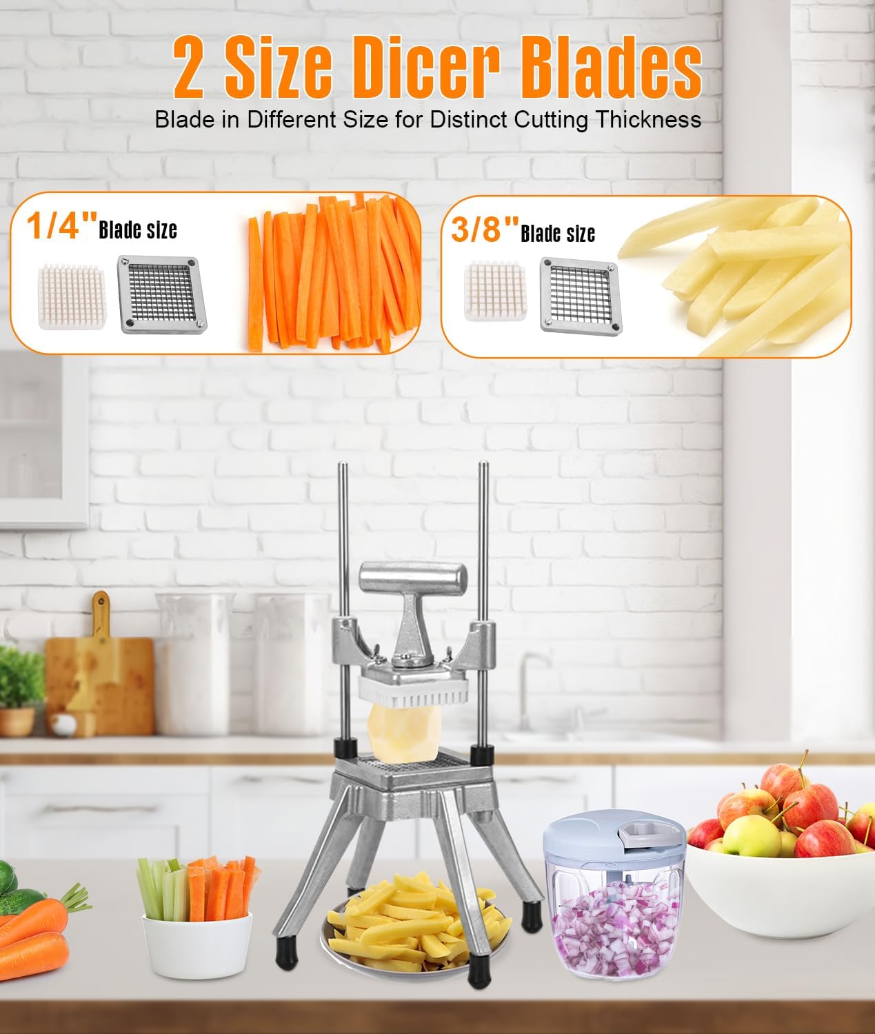 Commercial Vegetable Fruit Chopper 1/4″&3/8″ Blade Heavy Duty Professional Food Dicer Kattex French Fry Cutter Onion Slicer Stainless Steel for Tomato Peppers Potato