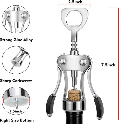 KORCCI Wine Opener, Heavy-Duty Zinc Alloy Wing Corkscrew, Premium Beer Bottle Opener, Multifunctional Wine Accessories with Ergonomic Handle and Sharp Screw, for Kitchen, Bar, Restaurant (SILVER)