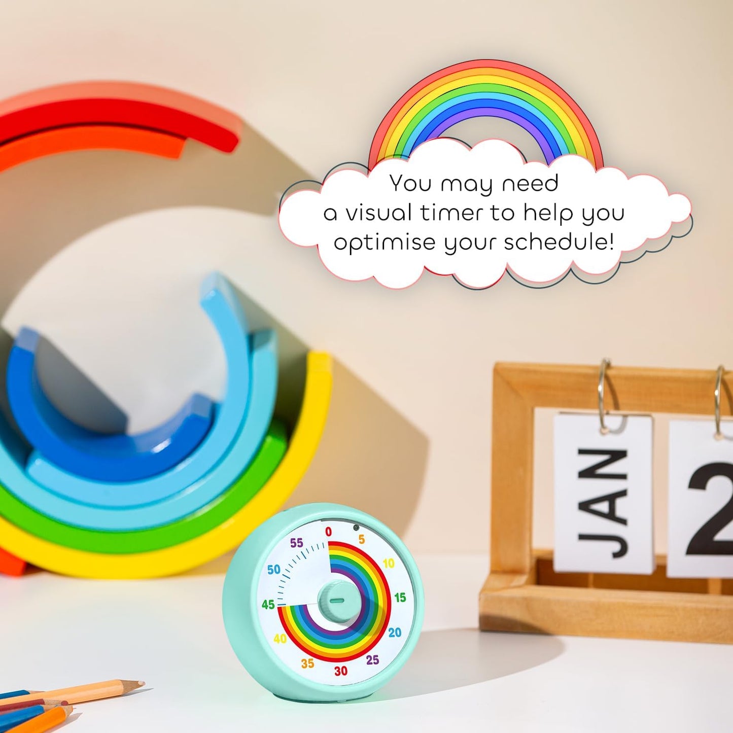 Visual Timer for Kids, 60-Minute Countdown for Classroom Office Kitchen, Desk Timer Kids Time Management Tools with Silent Operation, Pomodoro Timer Rainbow Pattern Purple