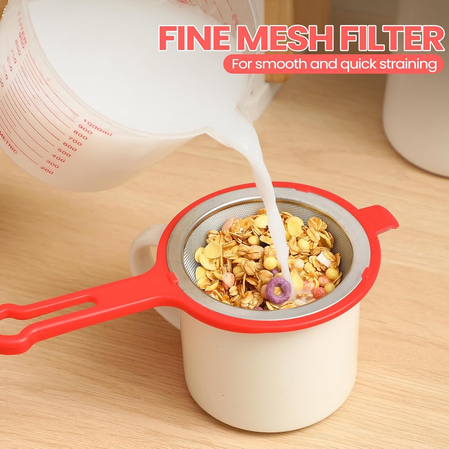 LemonRoad Set of 3 Stainless Steel Mesh Strainer 304 Fine Mesh Filters with Ergonomic Handles and Hanging Ears for Oil Filter Skimming Grease and Foam(White)