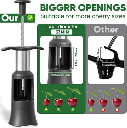 Cherry Pitter, 2 in 1 Cherry Pitter and Remover Tool with 33mm Large Capacity, Quick Release & Press Push Design, Food Grade Stainless Steel & PP Plastic for Cherries, Olives, Jams