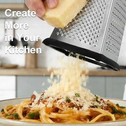 Ourokhome Cheese Grater, Handheld Box Grater with Container & Lid, 4-Sided Stainless Steel for Kitchen, Wavy Julienne, Slicer, Coarse Shred & Fine Zester, Non-Slip Base, Dishwasher Safe, 8 Inch