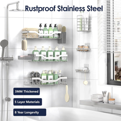 NESOMI Shower Caddy Adhesive Shower Organizer 7-Pack, Rustproof Stainless Steel Bathroom Shelves, Large Capacity No-Drill Rack Storage Accessories with Soap Dish Toothbrush Holder &24 Hooks Home Decor