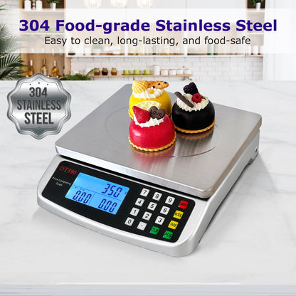 Large Digital Kitchen Scale 40kg/88lb Stainless Steel Price Computing Scale Counting Scale Deli Scale with LCD Display for Baking Bread Cooking Meat Prep Parts and Coins Adapter Included