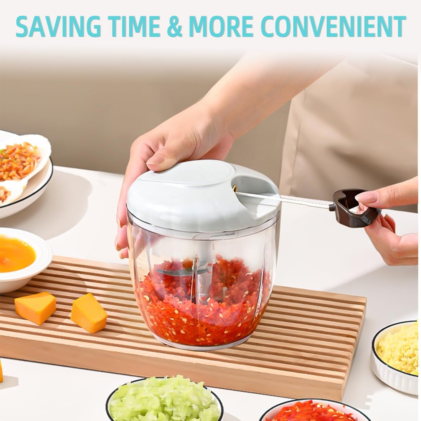 Manual Food Processor Vegetable Chopper, Hand Pull String Garlic Mincer Cutter for Veggies, Fruits, Nuts, Meat, Salad,500ml Gray