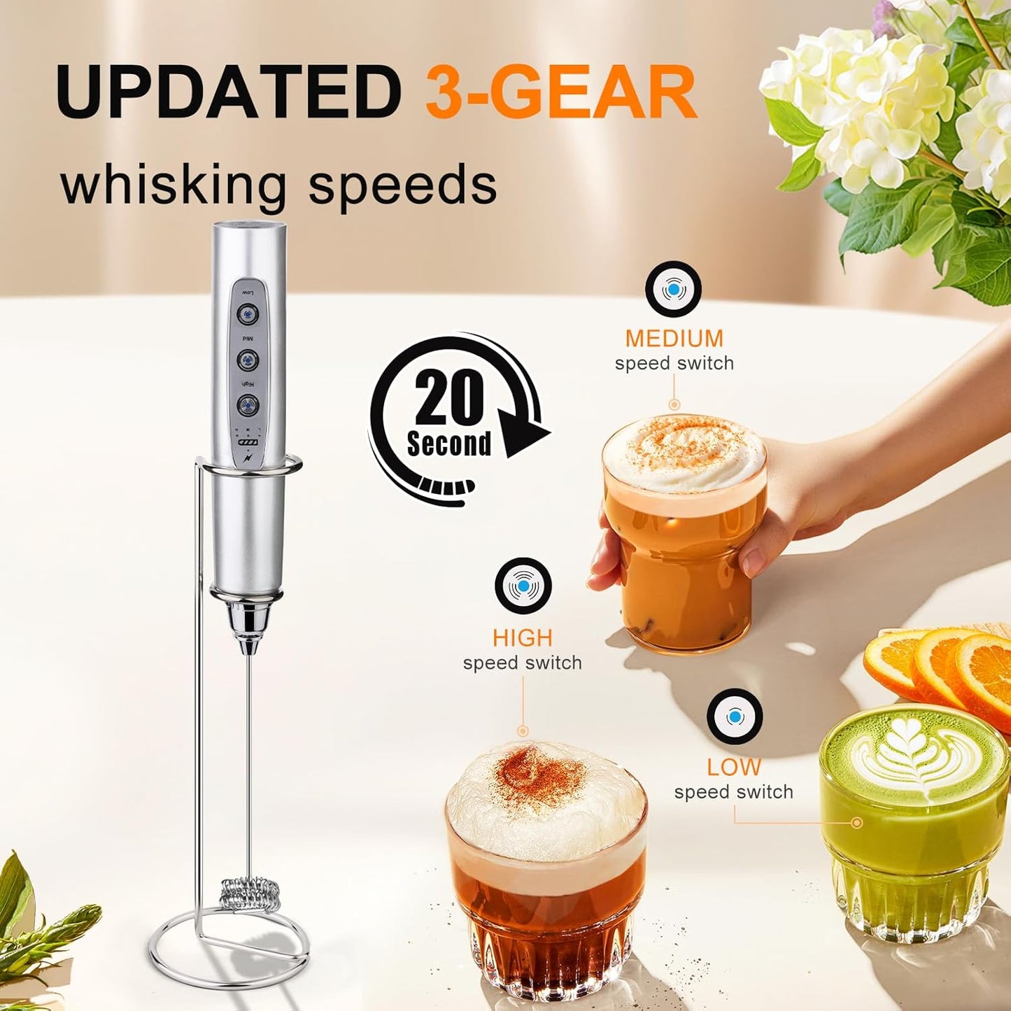 YUSWKO Black Handheld Milk Frother Wand for Coffee, Rechargeable Electric Whisk with 3 Heads 3 Speeds Drink Mixer Coffee Frother For Latte, Cappuccino, Hot Chocolate, Egg