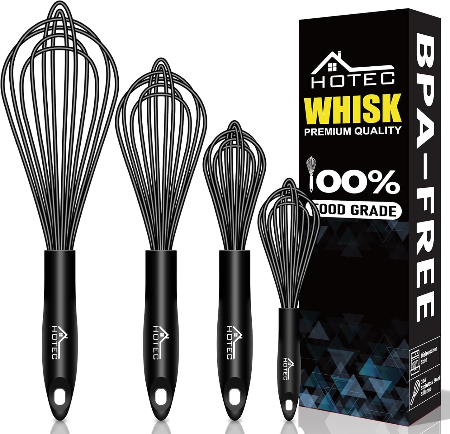 HOTEC 4 Pieces Silicone Whisks Set, Wire Balloon Whisks for cooking Egg Beater, Non-slip Handle Whisk for Non-stick Cookware Perfect for Cooking, Stirring, Beating and Blending (Multicolor)