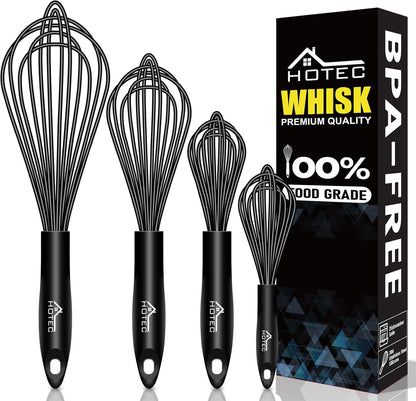 HOTEC 4 Pieces Silicone Whisks Set, Wire Balloon Whisks for cooking Egg Beater, Non-slip Handle Whisk for Non-stick Cookware Perfect for Cooking, Stirring, Beating and Blending (Multicolor)