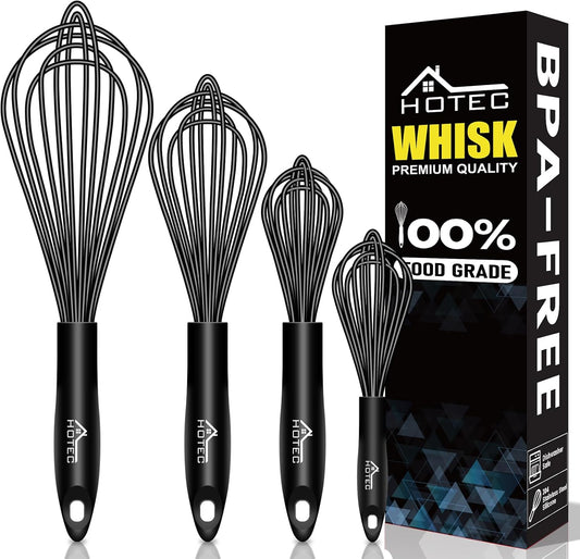 HOTEC 4 Pieces Silicone Whisks Set, Wire Balloon Whisks for cooking Egg Beater, Non-slip Handle Whisk for Non-stick Cookware Perfect for Cooking, Stirring, Beating and Blending (Multicolor)
