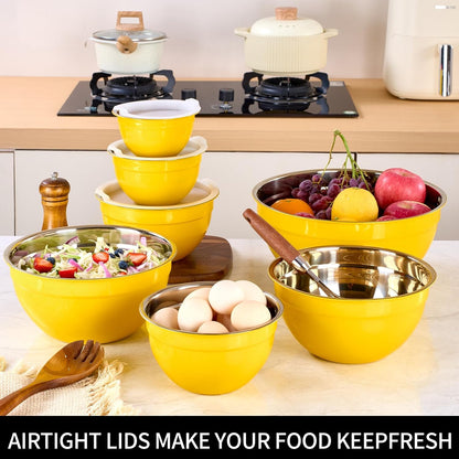 Red Mixing Bowls with Lids Set of 7, Stainless Steel Nesting Bowl with Khaki Lid for Non-slip Mixing Prepping Storing Serving, 7 Sizes-7/3.6/2.7/2.1/1.5/1/0.8 QT
