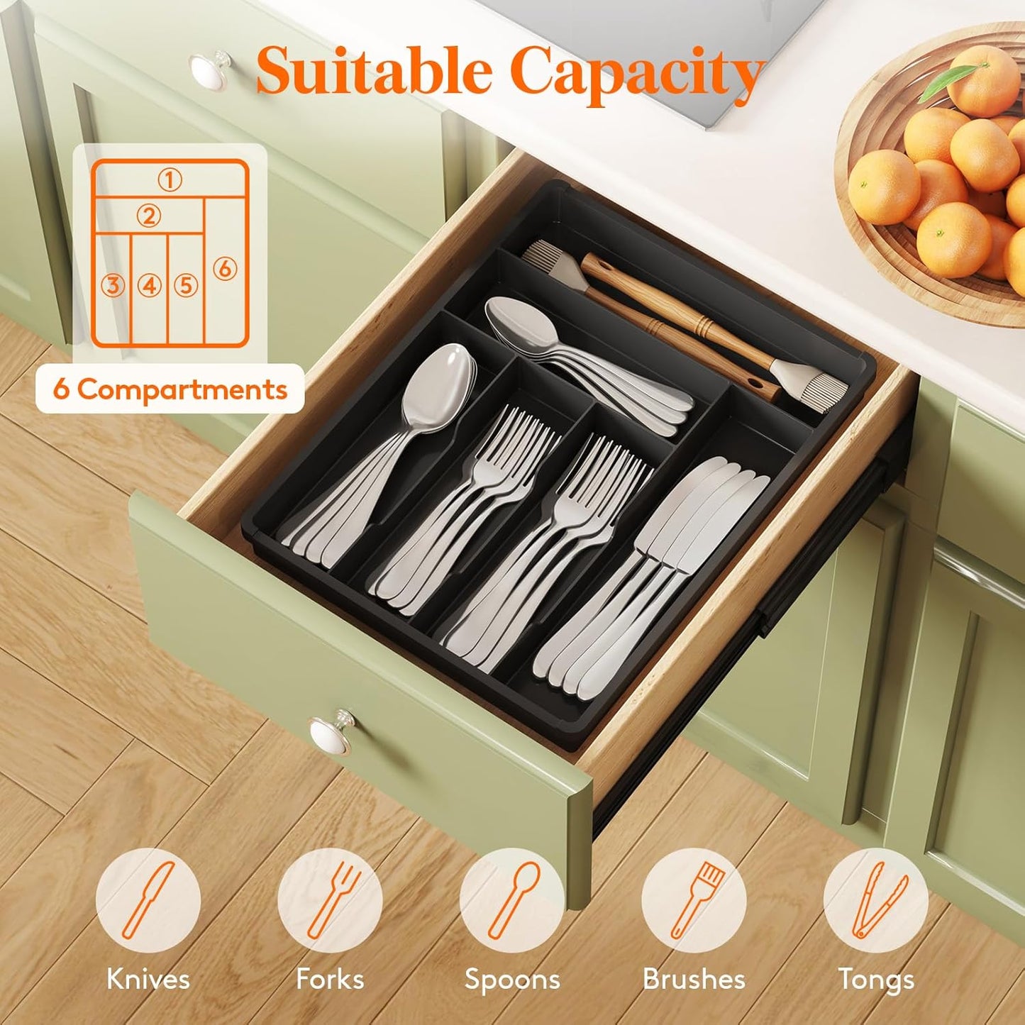 Lifewit Silverware Drawer Organizer Tray, Plastic Cutlery Storage for Kitchen, Flatware and Utensil Holder Divider for Spoons Forks Knives Tableware, 9.1 x 12.6", 5 Slots, Black