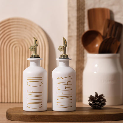 HOMCDALY Premium Olive Oil Dispenser for Kitchen, 11.8oz Glass Oil Bottles with Bamboo Tray, White and Gold Oil&Vinegar Cruet Set, Kitchen Dispenser Bottles with Pourer| Set of 2 (11.8oz –P–Gold)