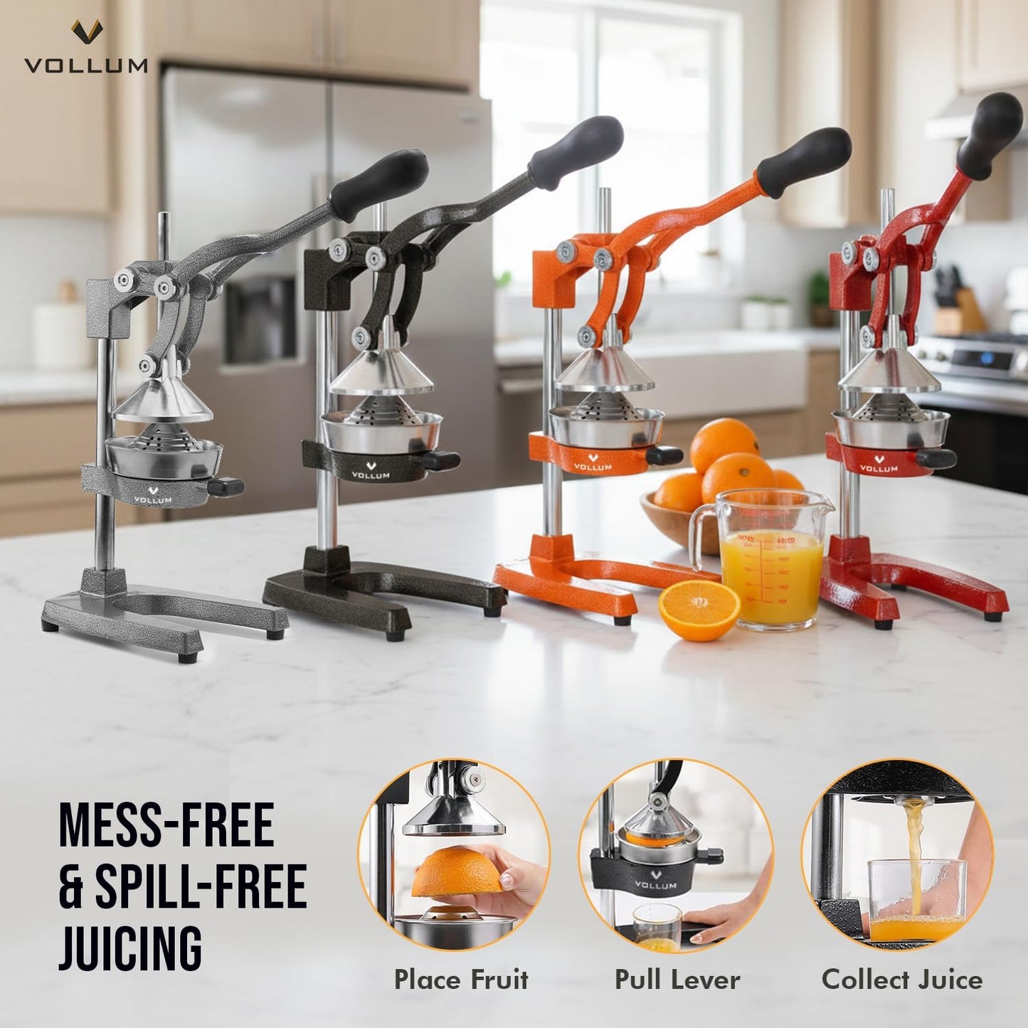 Vollum Hand Press Manual Citrus Juicer - citrus squeezer Commercial Grade Home Orange juice Squeezer for Oranges, Lemons, Limes - Stainless Steel and Cast Iron Non-skid Suction Cup Base- 15 Inch, Gray