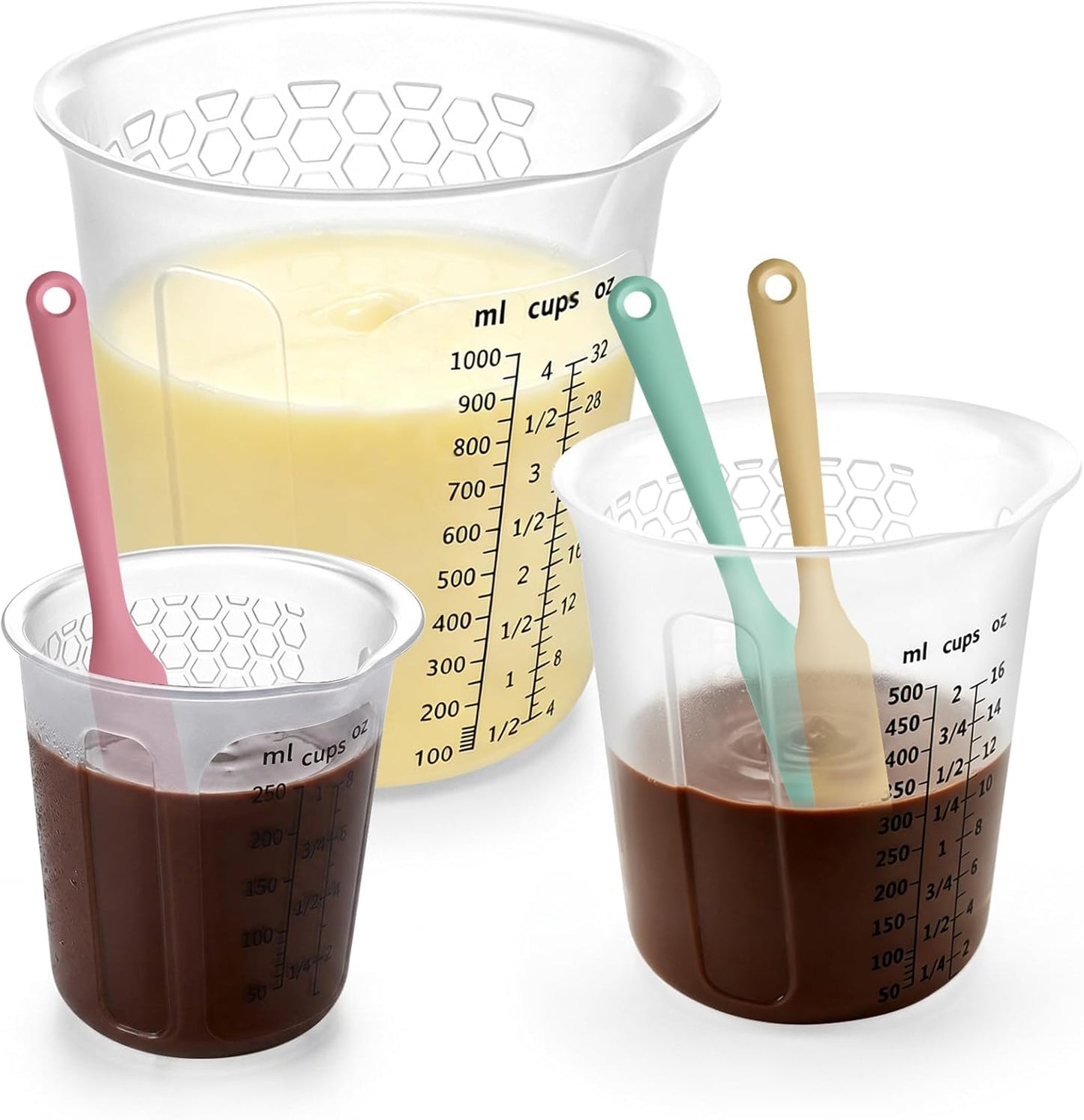 Palksky Silicone Chocolate Melting Cup Set with 4 Silicone Measuring Cups (250ml & 350ml) and 4PCS Heat-Resistant Jar Spatulas, Non-Stick Baking Tools for DIY Chocolate, Butter & Cream Mixing
