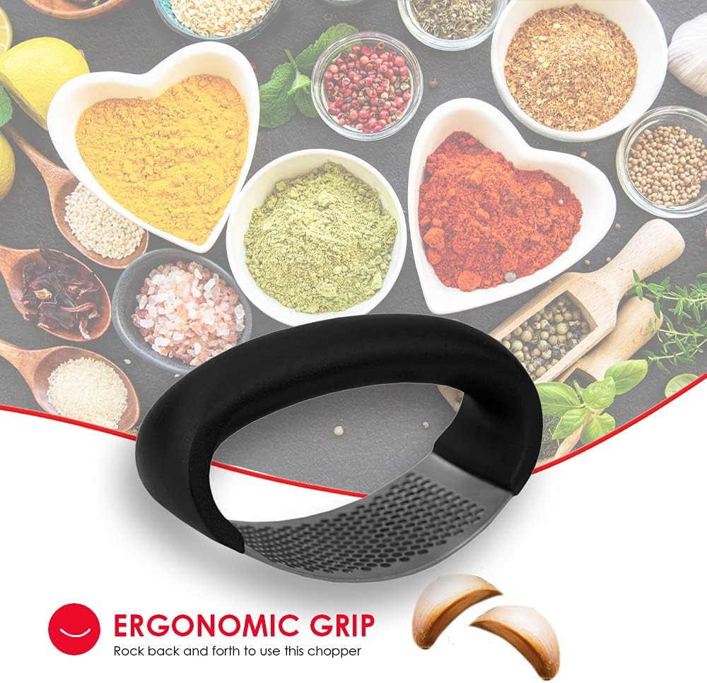 Home Basics Ergo Rust-Proof Stainless Steel Handheld Masher Rocker Press with Ergonomic Grip Arc Handle, Garlic Crusher Squeezer Slicer Mincer,Black, 4.75"x2.00"x2.75"