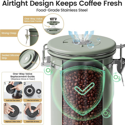 Veken Coffee Canister with Window,Airtight Stainless Steel Pantry Container,Home Kitchen Food Storage Organizers for Ground,Beans,Espresso,Rice,Tea,Sugar,Cereal, Decor,Bar Accessories,Gifts,22OZ,Black