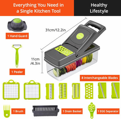 15-in-1 Vegetable Chopper with Container and Lid, Multifunction Food Chopper, Mandoline Slicer, Vegetable Cutter for Onion, Potato, Fruit, Salad Meal Prep, Kitchen Gadget & Home Cooking Essentials