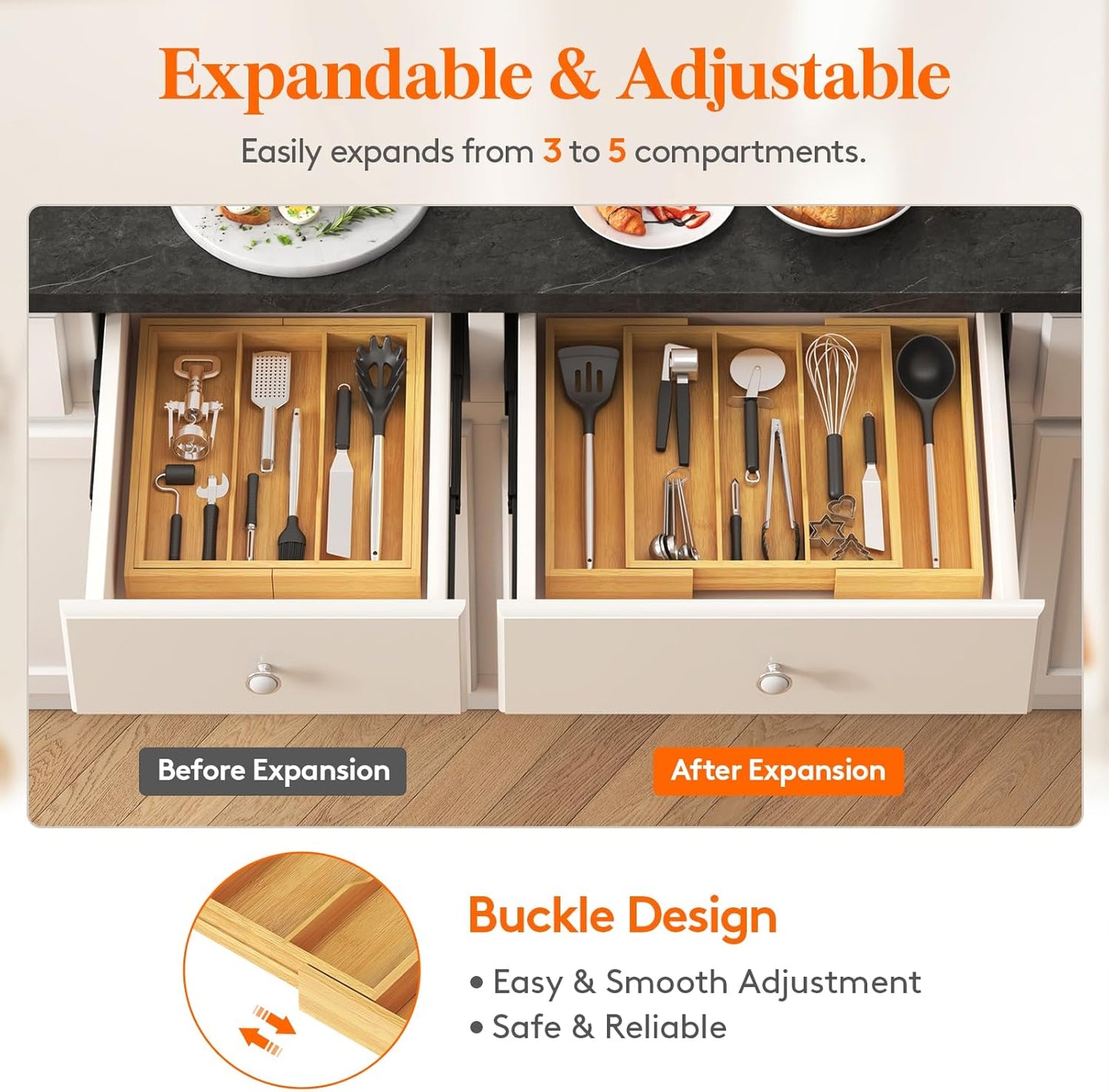 Lifewit Utensil Organizer for Kitchen Drawer, Expandable Cooking Utensil Tray, Cutlery Silverware Flatware Holder, Wood Adjustable Spatula Tools Storage Divider, 8.9-15.8 x 15.75, Natural