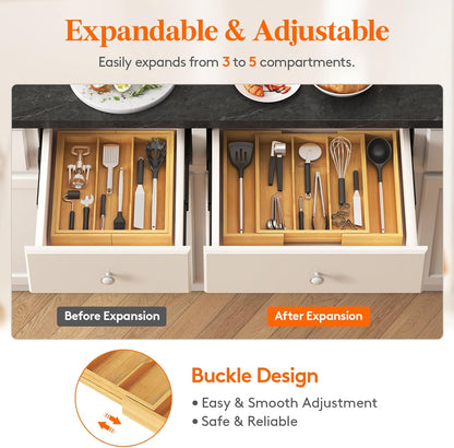 Lifewit Utensil Organizer for Kitchen Drawer, Expandable Cooking Utensil Tray, Cutlery Silverware Flatware Holder, Wood Adjustable Spatula Tools Storage Divider, 8.9-15.8 x 15.75, Natural