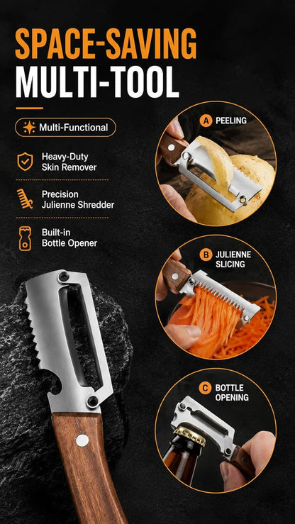 Precision Peeler Pro Heavy Duty Vegetable Peeler, 420 Stainless Steel 2.5mm Thick Blade, Julienne Peeler with Wood Handle & Bottle Opener for Hard Produce (A+B)