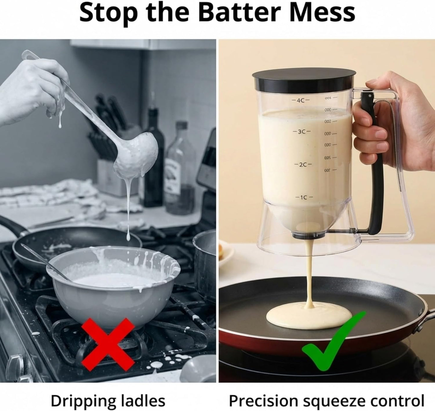 Complete Pancake & Cupcake Batter Dispenser Set - 4 Cup Capacity with Silicone Spatula, Basting Brush & Egg Rings - BPA Free All-In-One Breakfast & Baking Kitchen Tool for Home Cooking